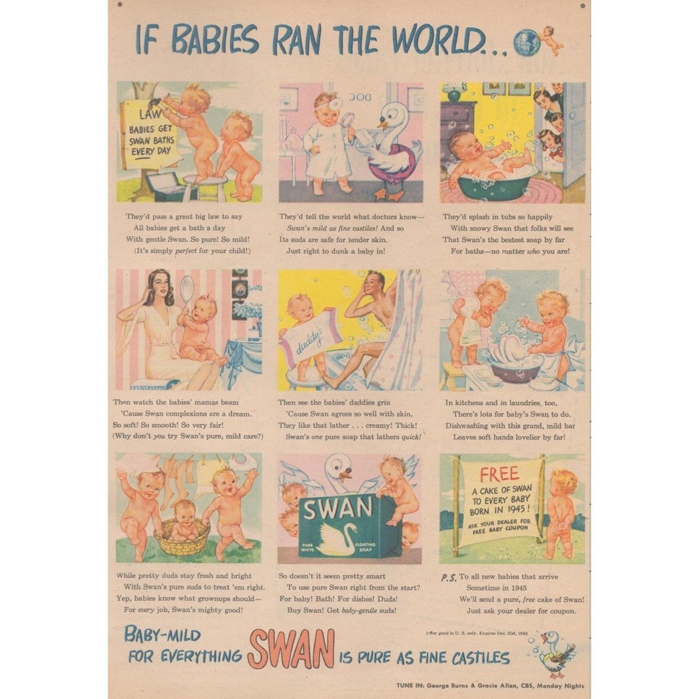 1945‎ Swan Soap Vintage Print Ad Babies Ran The World  Baby Bath Nursery Art
